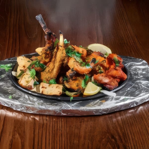 Sizzling platter of Indian lamb chops, chicken tikka, and vegetables, garnished with herbs and lemon.